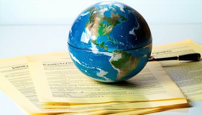 Illustration of a globe and legal documents representing international business law.